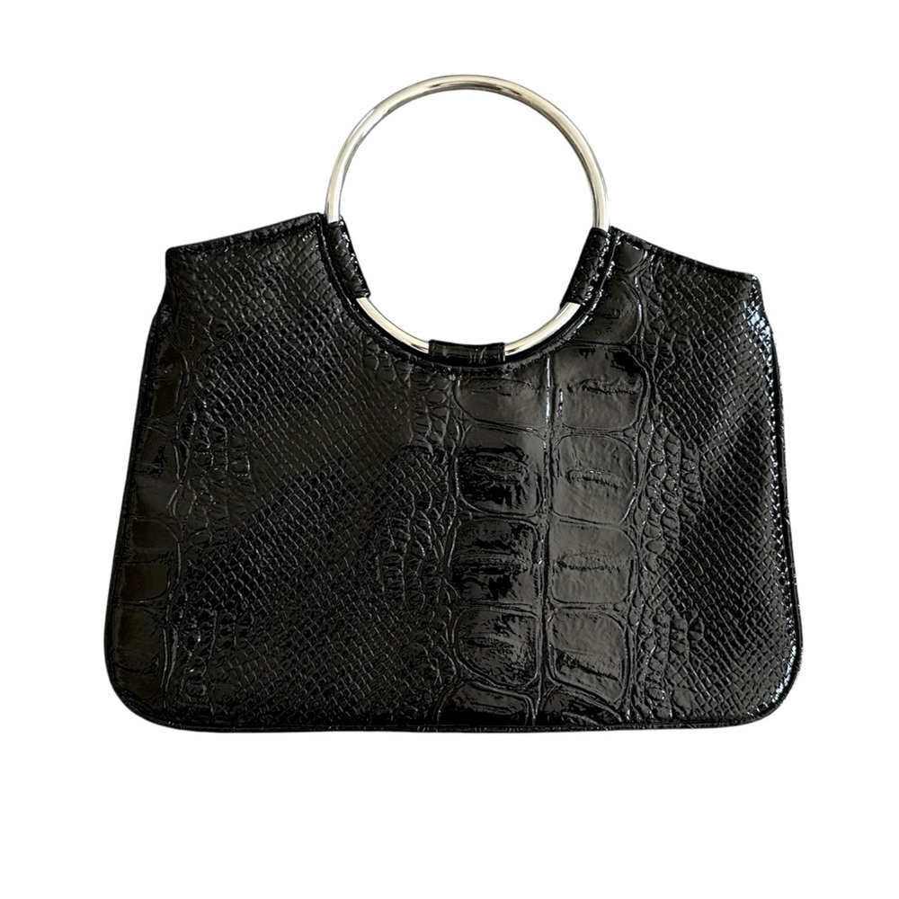 Black Faux Croc-Embossed Handbag Metal Ring Handles
